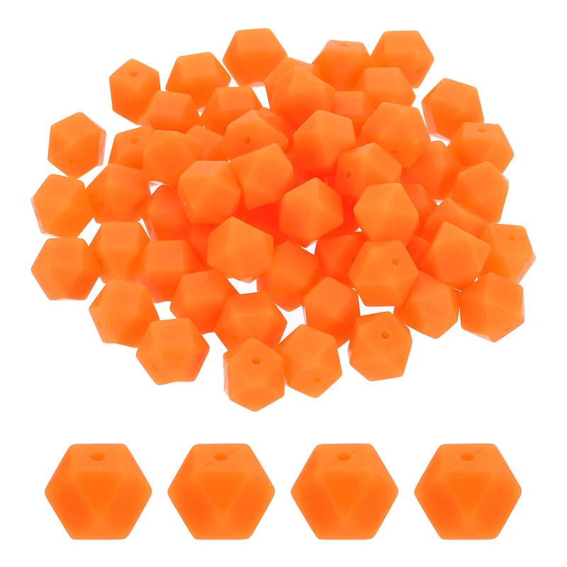 90 Pcs Silicone Beads, 14mm Loose Hexagon Rubber Focal Beads, Orange