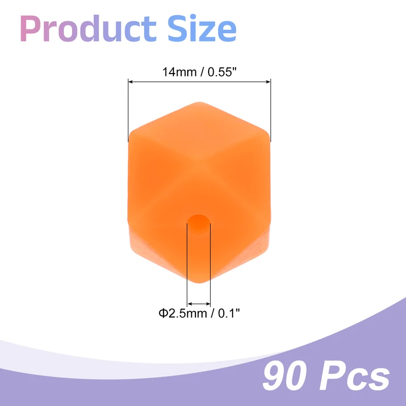 90 Pcs Silicone Beads, 14mm Loose Hexagon Rubber Focal Beads, Orange