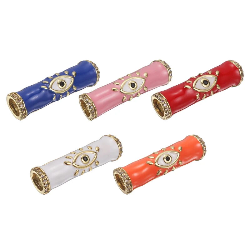 5 Pcs Long Tube Bead, Turkish Evil Eye Spacer, Orange/Pink/Dark Blue/White/Red
