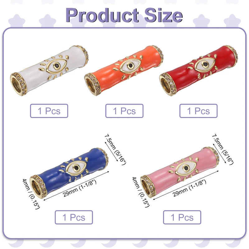 5 Pcs Long Tube Bead, Turkish Evil Eye Spacer, Orange/Pink/Dark Blue/White/Red