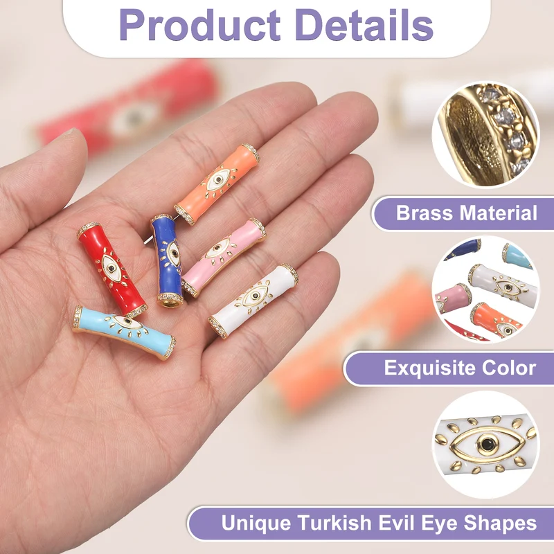 5 Pcs Long Tube Bead, Turkish Evil Eye Spacer, Orange/Pink/Dark Blue/White/Red