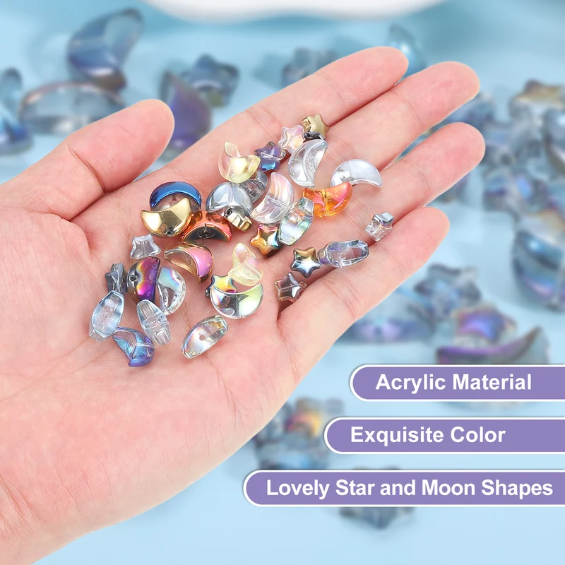 60Pcs Star Moon Shaped Beads, 2 Style Acrylic Spacer Beads Clear Purple
