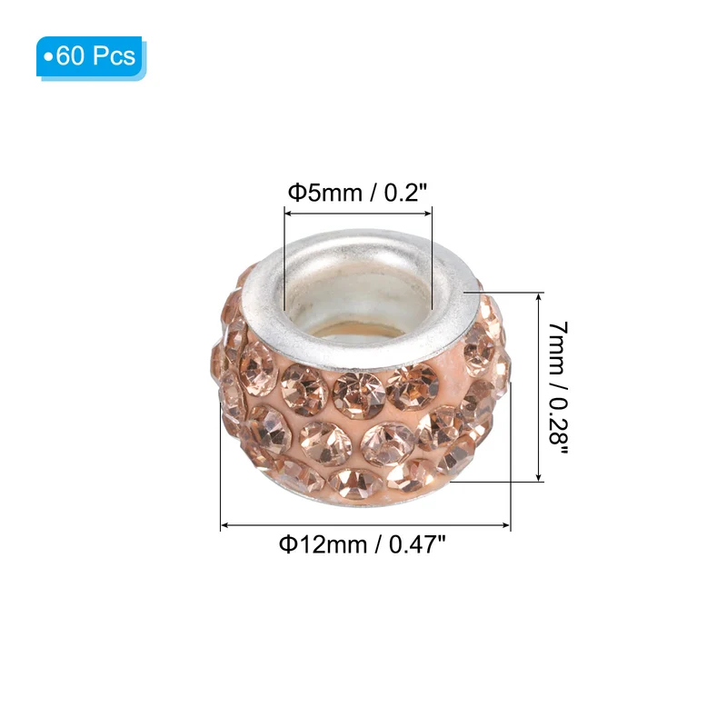 60Pcs 12mm Rhinestone European Beads Large Hole Crystal Beads Taupe
