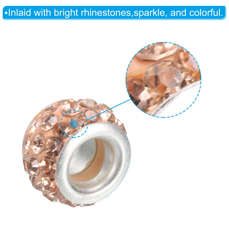 60Pcs 12mm Rhinestone European Beads Large Hole Crystal Beads Taupe