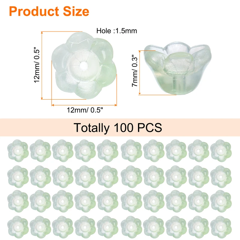 100 Pcs Glass Flower Beads for Jewelry Making, Loose Bead Charm, Light Green