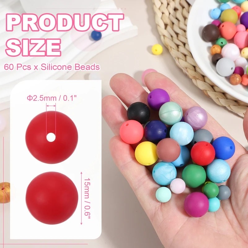 60 Pcs Silicone Beads, 15mm Bulk Beads for Keychain Making, Red