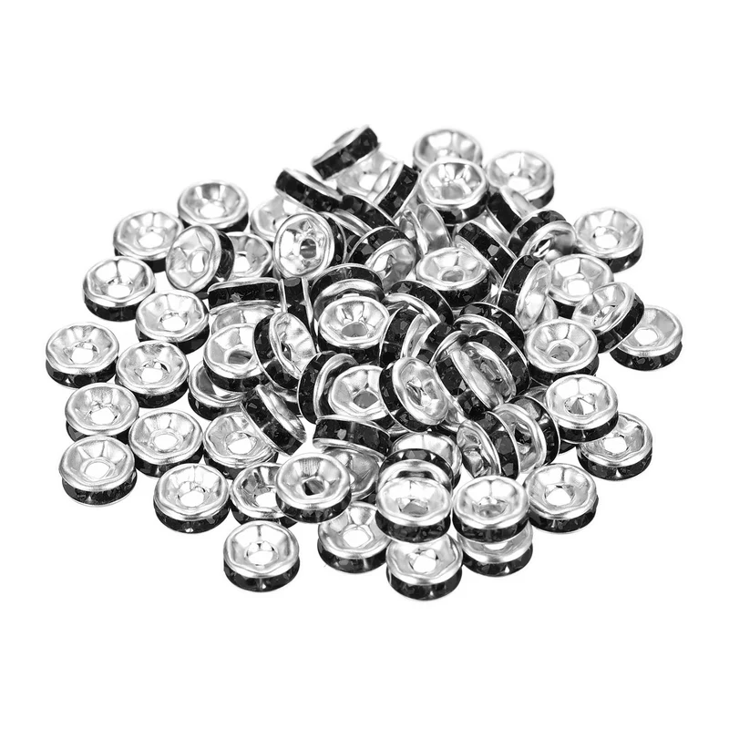 80Pcs 6mm Silver Plated Rhinestone Rondelle Spacer Beads, Black