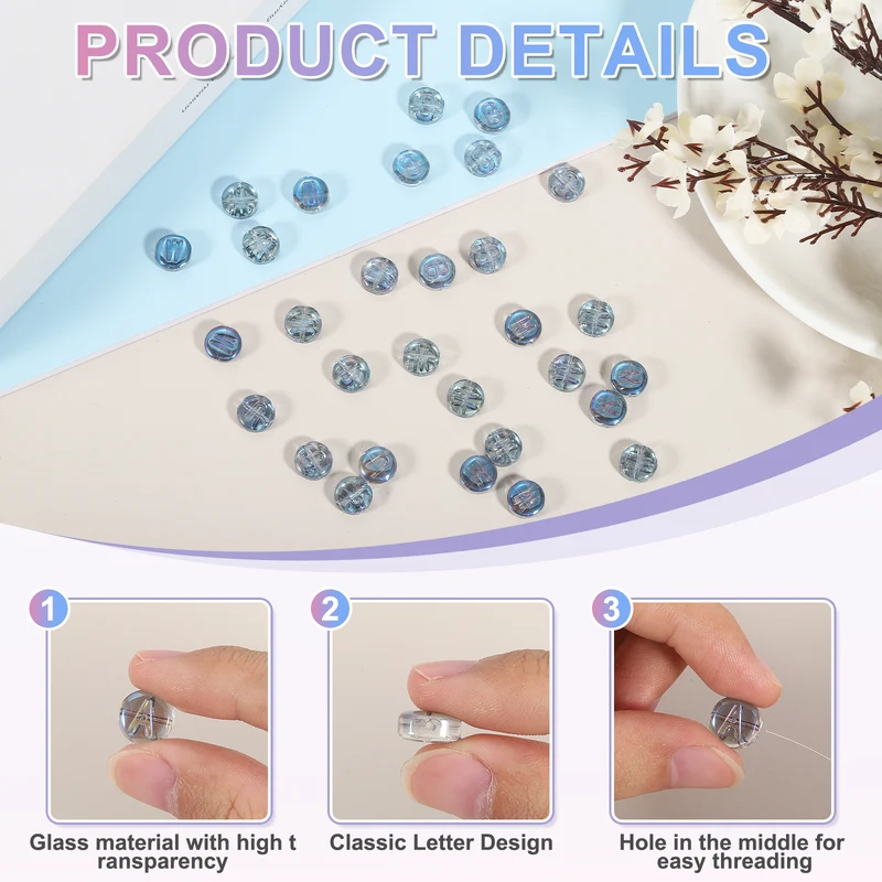 60Pcs Glass Letter Beads, 10mm B Initial Letter Spacer Beads, Blue
