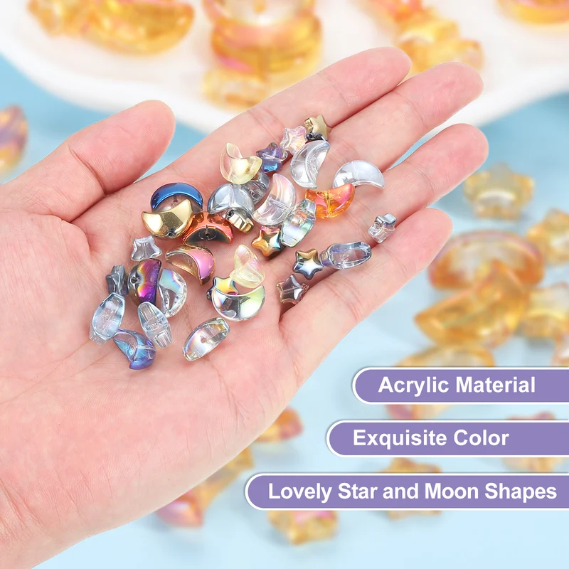 60Pcs Star Moon Shaped Beads, 2 Style Acrylic Spacer Beads Gold Rose Red