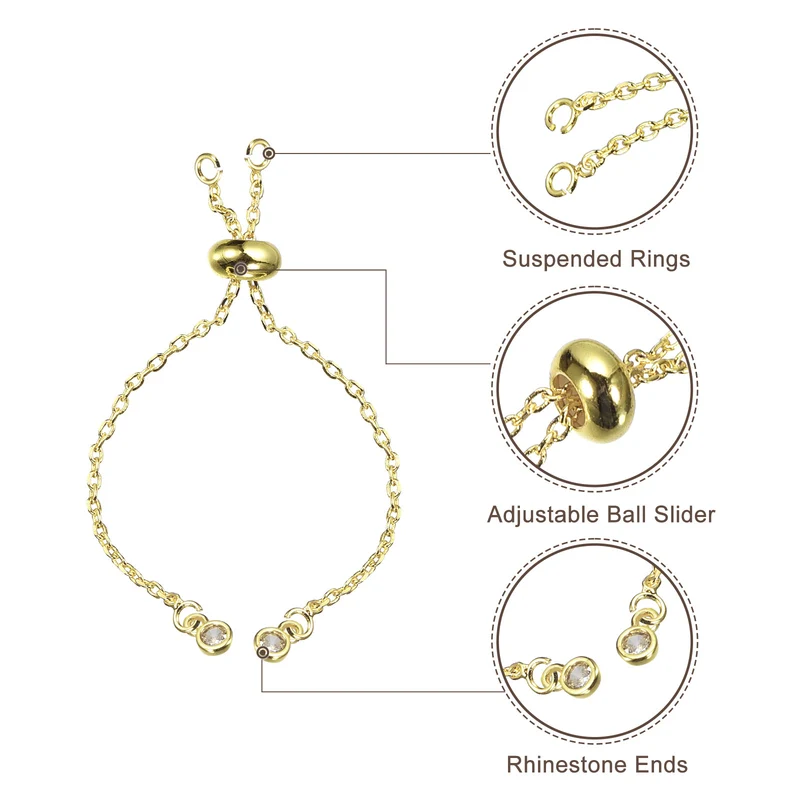 Adjustable Slider Bracelets, 6Pcs O Extender Chain Rhinestone Ends Gold