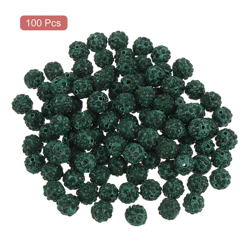100Pcs 8mm Rhinestone Clay Beads, Polymer Clay Crystal Bead (Dark Green)
