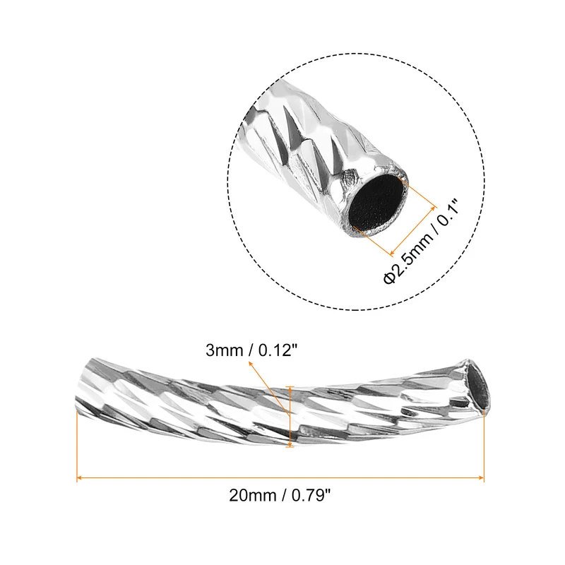 60Pcs Brass Curved Tube Beads, 3x20mm Noodles Spacer Bead, Silver White