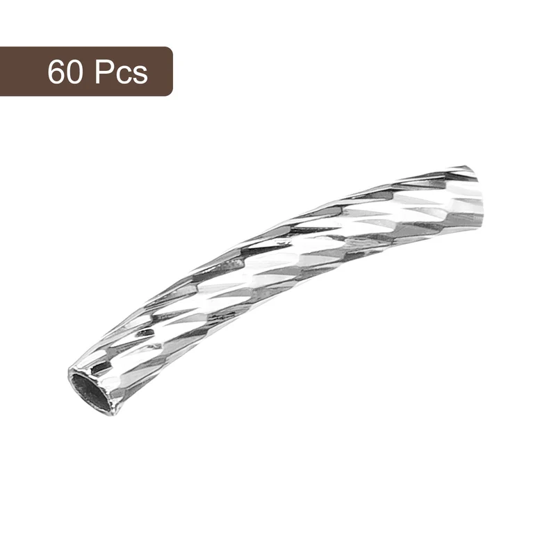 60Pcs Brass Curved Tube Beads, 3x20mm Noodles Spacer Bead, Silver White