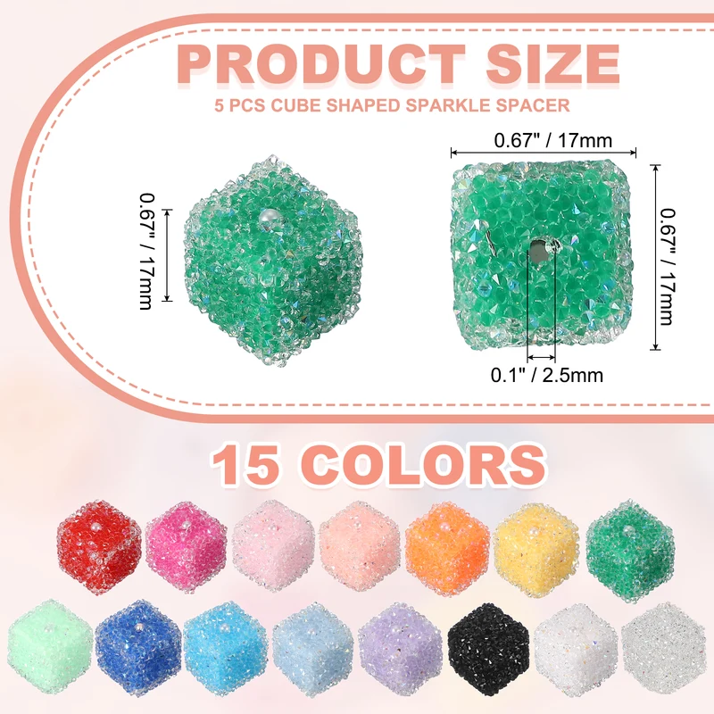 5 Pcs Square Rhinestone Beads for Pens, 17mm Sugar Beads for DIY, Green