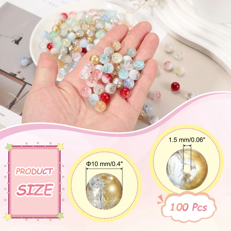 100Pcs Crackle Glass Beads for Jewelry Making 10mm Round Beads Gold