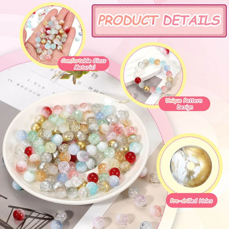 100Pcs Crackle Glass Beads for Jewelry Making 10mm Round Beads Gold
