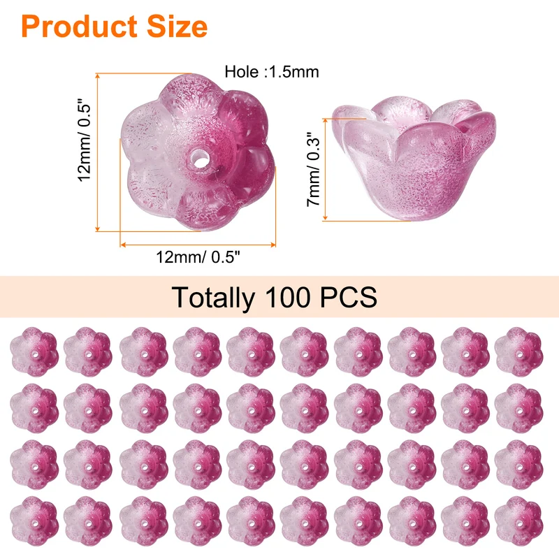 100Pcs Glass Flower Beads for Jewelry Making Loose Bead Charm Purple Red
