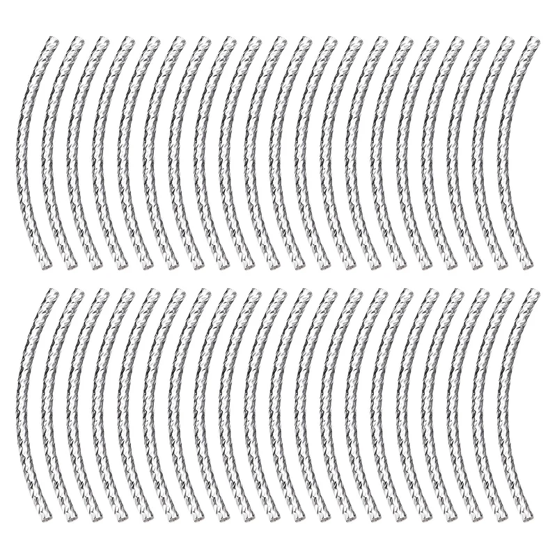 40Pcs Brass Curved Tube Beads 1.5x30mm Plating Noodles Spacer Bead Silver White
