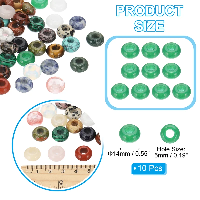 10 Pcs Natural Gemstone Beads, Large Hole Rondelle Beads Loose European Crystal Beads Pack for Jewelry Bracelet DIY Craft, 14 x 8 MM, Green