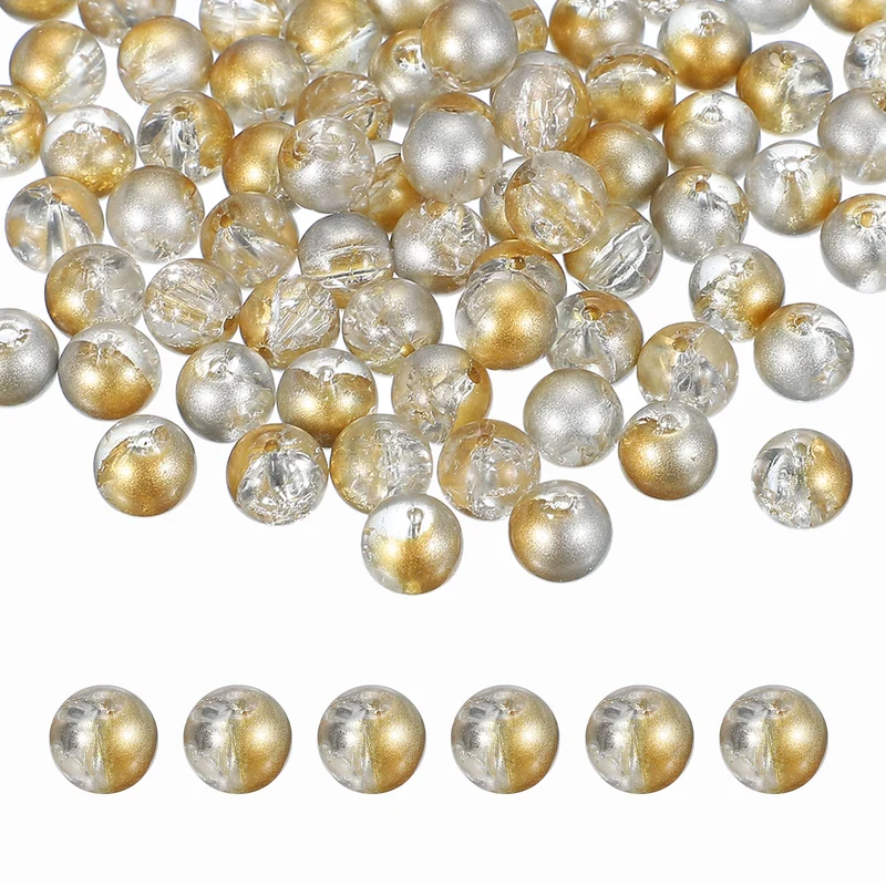 200Pcs Crackle Glass Beads for Jewelry Making 10mm Round Beads Gold/Silver