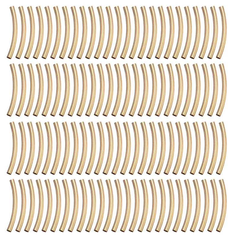 100 Pcs Tube Beads, 3x30mm Curved Noodle Beads for Jewelry Making, Light Gold