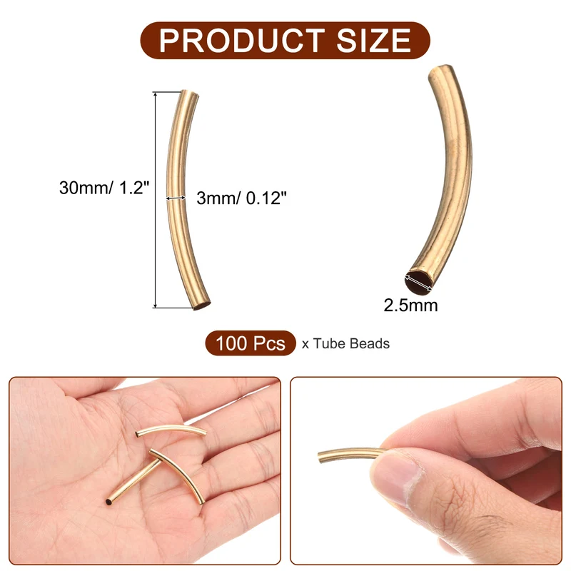 100 Pcs Tube Beads, 3x30mm Curved Noodle Beads for Jewelry Making, Light Gold
