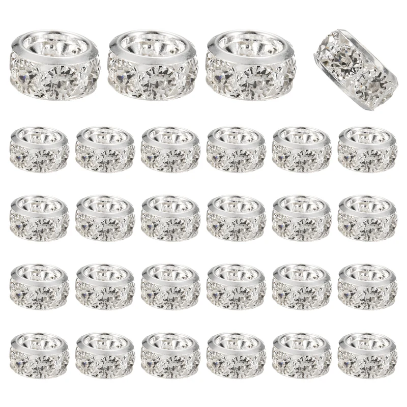 40 Pcs 12mm Large Hole Rhinestone Beads, European Bulk Bead (Bright Silver)