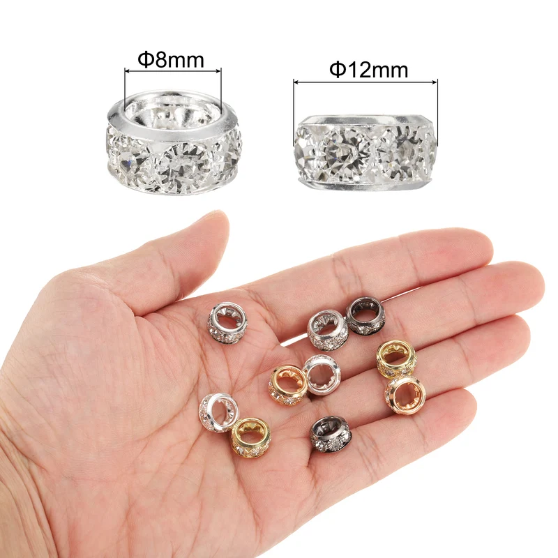 40 Pcs 12mm Large Hole Rhinestone Beads, European Bulk Bead (Bright Silver)