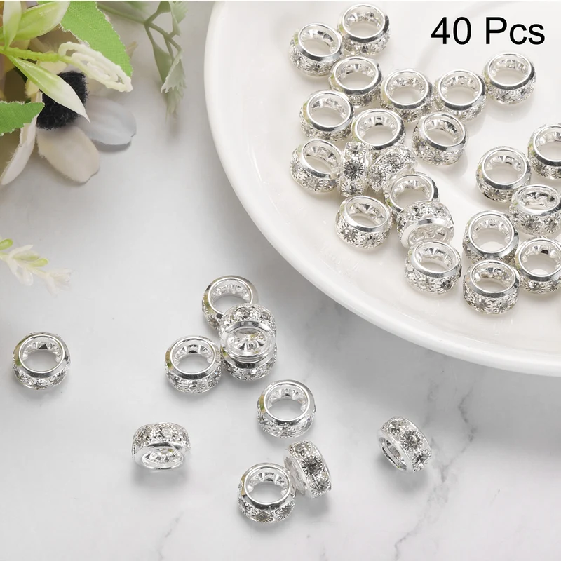 40 Pcs 12mm Large Hole Rhinestone Beads, European Bulk Bead (Bright Silver)