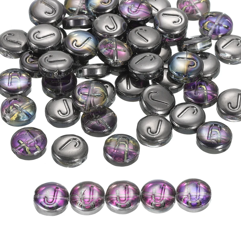 60Pcs Glass Letter Beads, 10mm J Initial Letter Spacer Beads, Black Purple