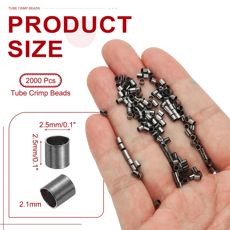 2000 Pcs Tube Crimp Beads, 2.5x2.5mm Crimp Beads for Jewelry Making, Black