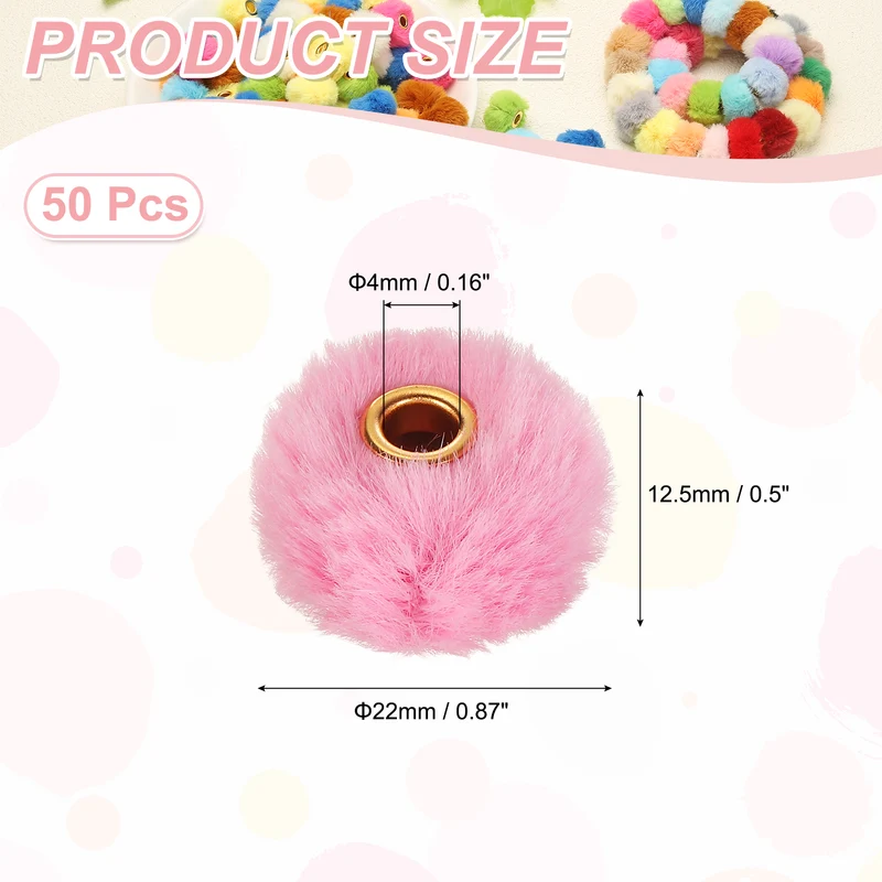 50Pcs Pom Pom Beads, Faux Fur Fuzzy Spacers Bead with 4mm Hole, Pink