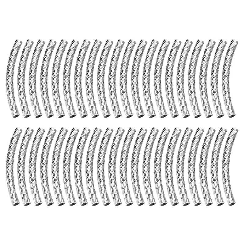 40Pcs Brass Curved Tube Beads 3x30mm Noodles Spacer Bead Silver Tone