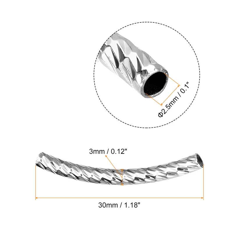 40Pcs Brass Curved Tube Beads 3x30mm Noodles Spacer Bead Silver Tone