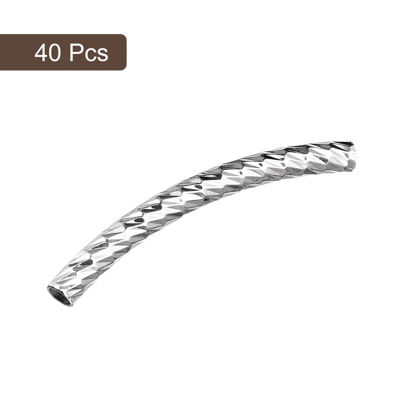 40Pcs Brass Curved Tube Beads 3x30mm Noodles Spacer Bead Silver Tone