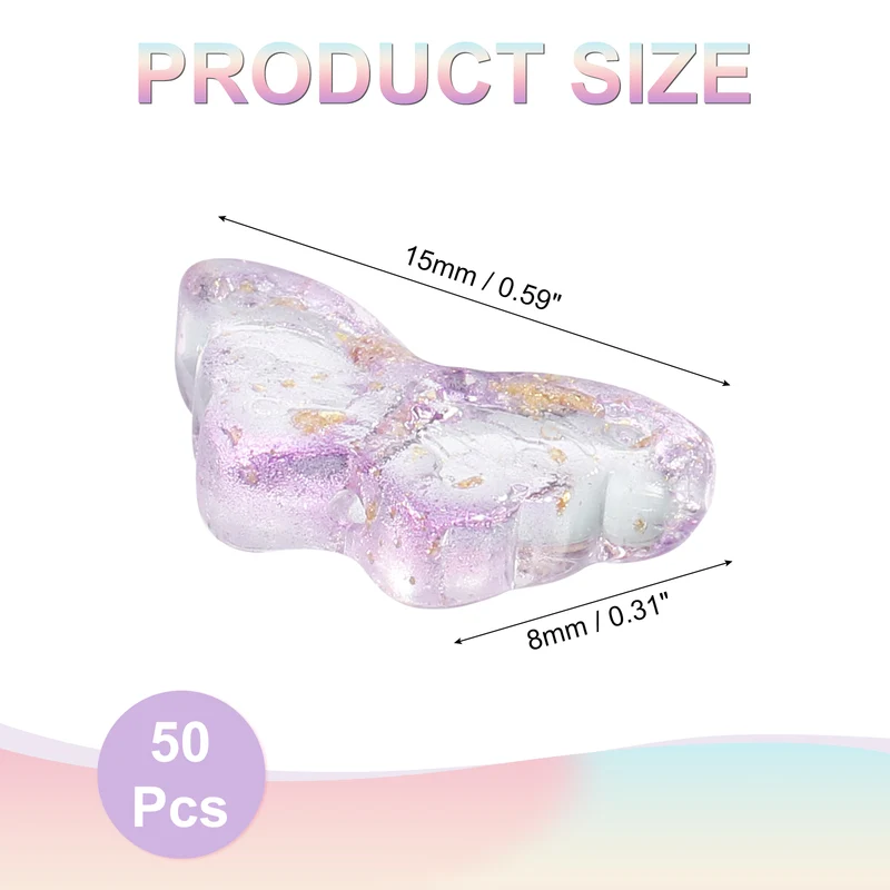 50Pcs Crystal Butterfly Beads, 8x15mm Transparent Loose Bead, Purple