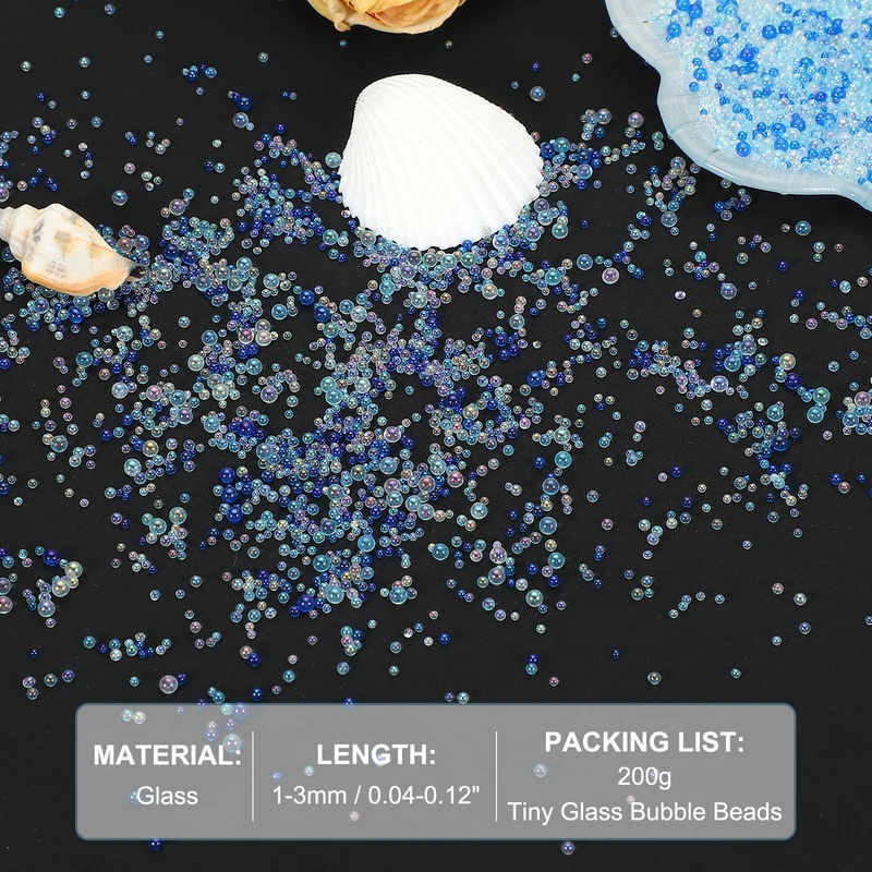 200g 1-3mm Glass Bubble Beads Iridescent No Hole Water Droplet Ball Blue Series