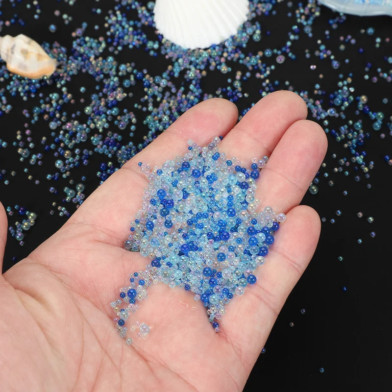 200g 1-3mm Glass Bubble Beads Iridescent No Hole Water Droplet Ball Blue Series