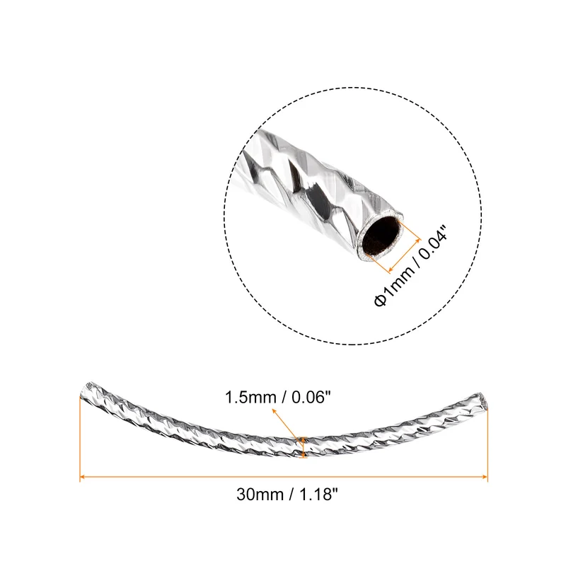 60Pcs Brass Curved Tube Beads, 1.5x30mm Noodles Spacer Bead, Silver White