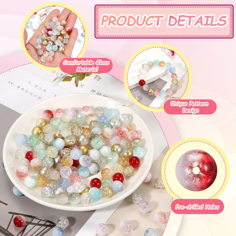 100 Pcs Crackle Glass Beads for Jewelry Making, 10mm Round Beads, Red