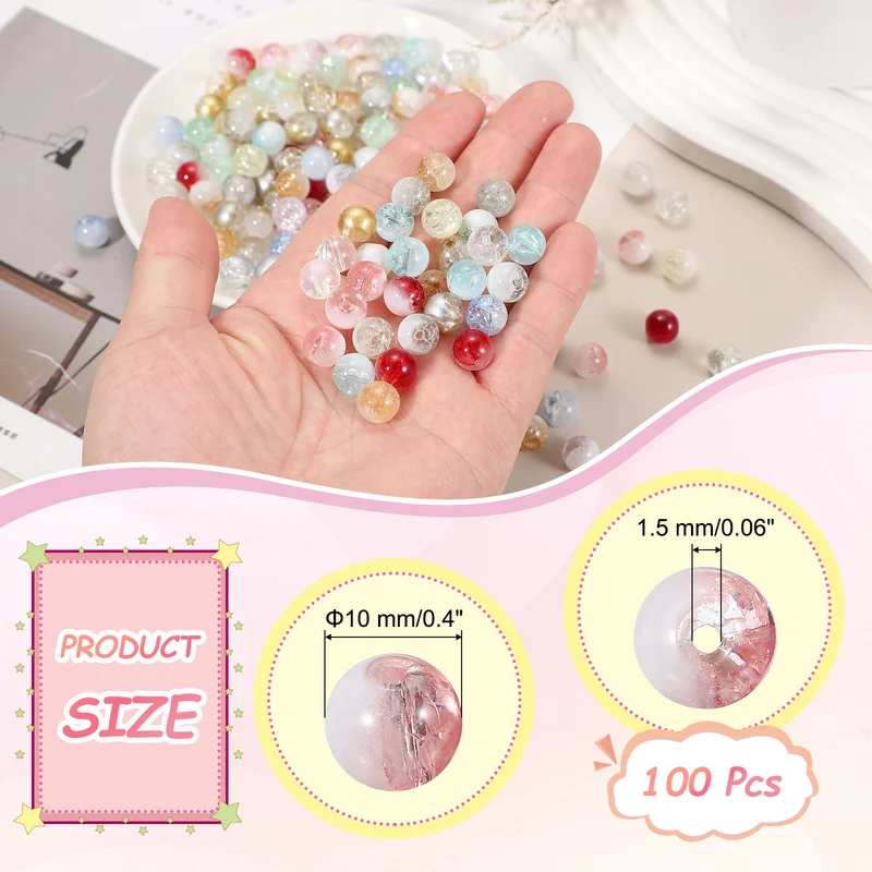100Pcs Crackle Glass Beads for Jewelry Making 10mm Round Beads Pink