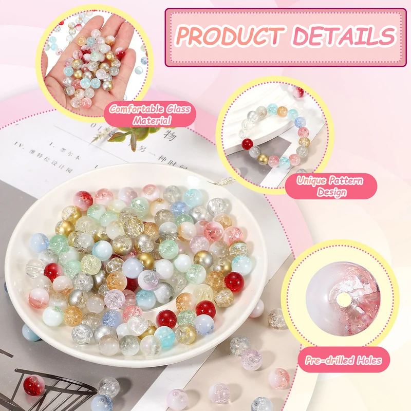 100Pcs Crackle Glass Beads for Jewelry Making 10mm Round Beads Pink