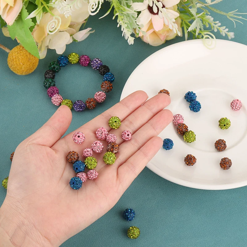 100Pcs 8mm Rhinestone Clay Beads Polymer Clay Crystal Bead Lotus Purple