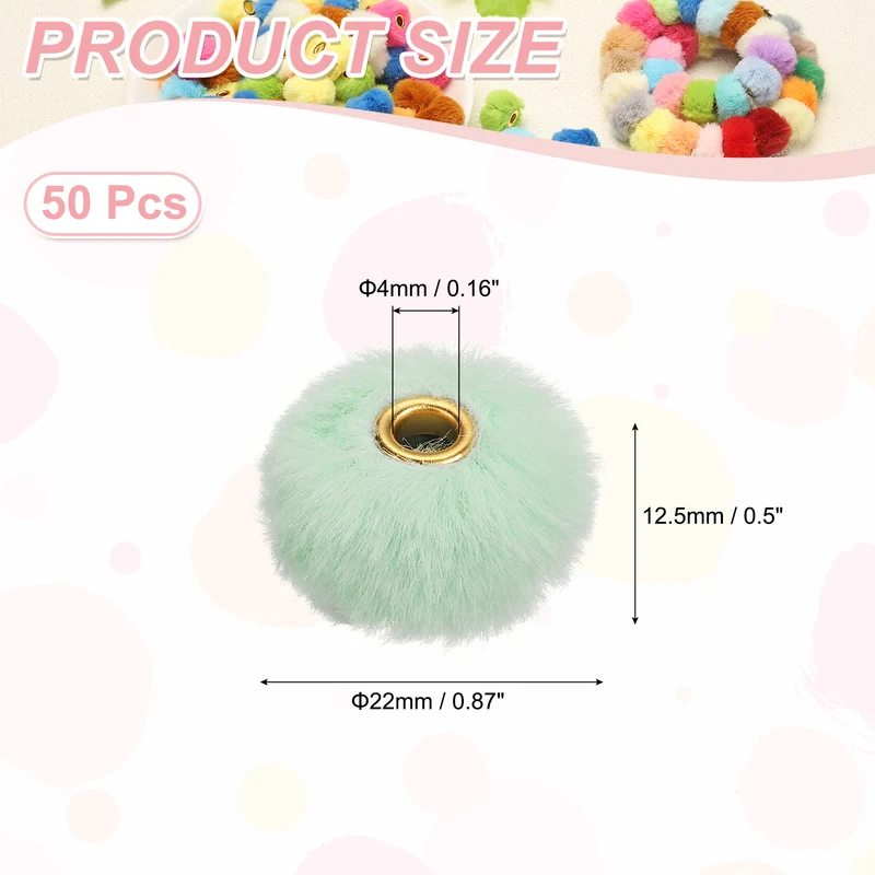 50Pcs Pom Pom Beads, Faux Fur Fuzzy Spacers Bead with 4mm Hole, Light Green