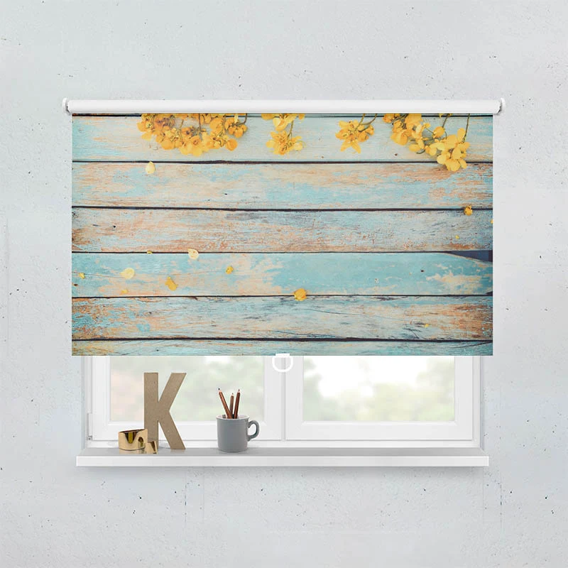 Springrollo Motiv "Gelbe Blueten auf Vintage Holz"