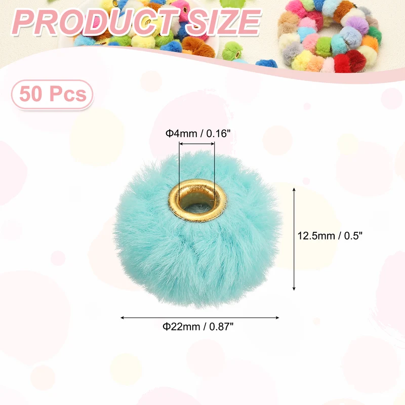 50Pcs Pom Pom Beads, Faux Fur Fuzzy Spacers Bead with 4mm Hole, Lake Green