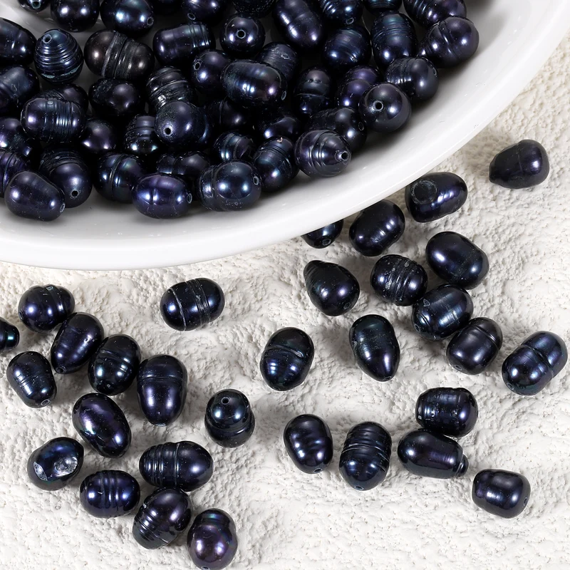 100 Pcs 7-8mm 0.8mm Hole Oval Shape Freshwater Pearl Beads,Black