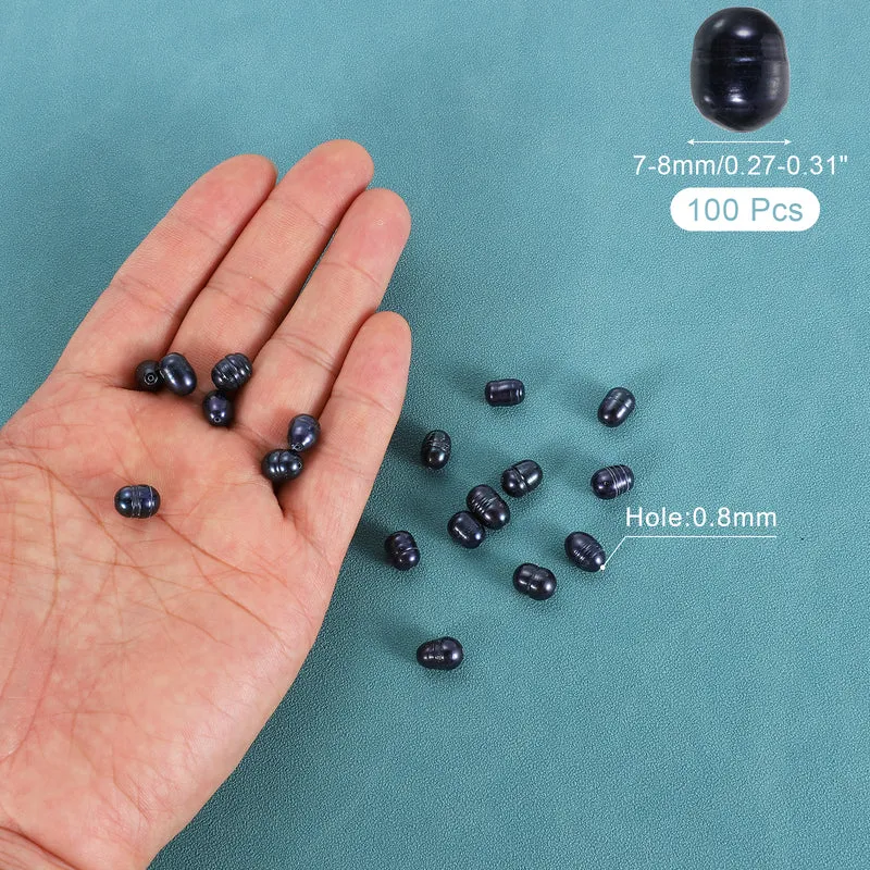 100 Pcs 7-8mm 0.8mm Hole Oval Shape Freshwater Pearl Beads,Black