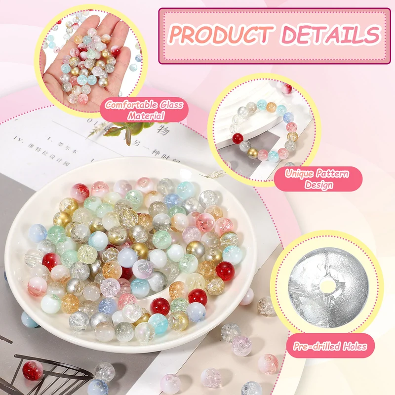100Pcs Crackle Glass Beads for Jewelry Making 10mm Round Beads Silver