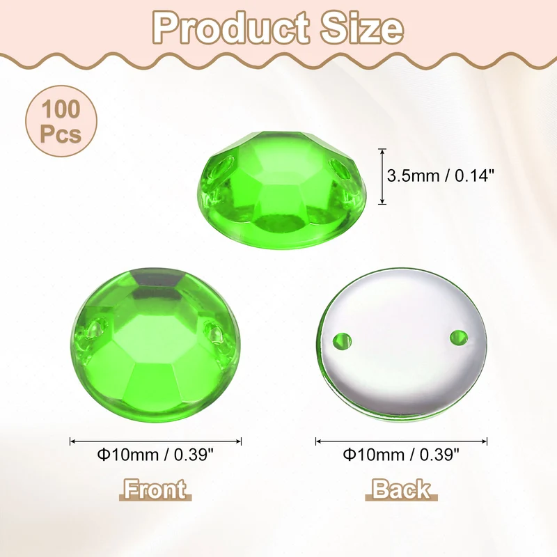 100Pcs Flat Back Sew on Rhinestones Beads, 10mm Crystal Round Gems, Green